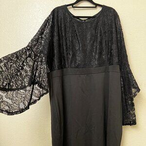 Black Lace Bell Sleeve Ruffle Hem Midi Dress Plus Size XXXL Evening Formal‎